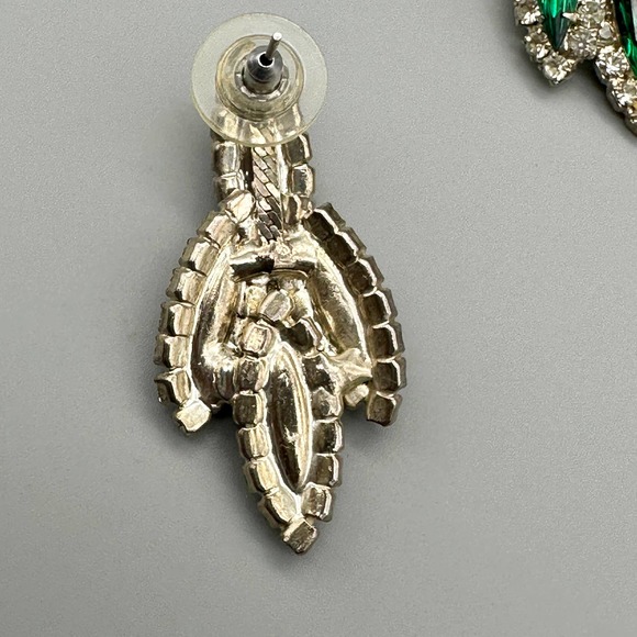 Green Rhinestone Marquis Pierced Earrings Vintage Unsigned - Picture 5 of 6